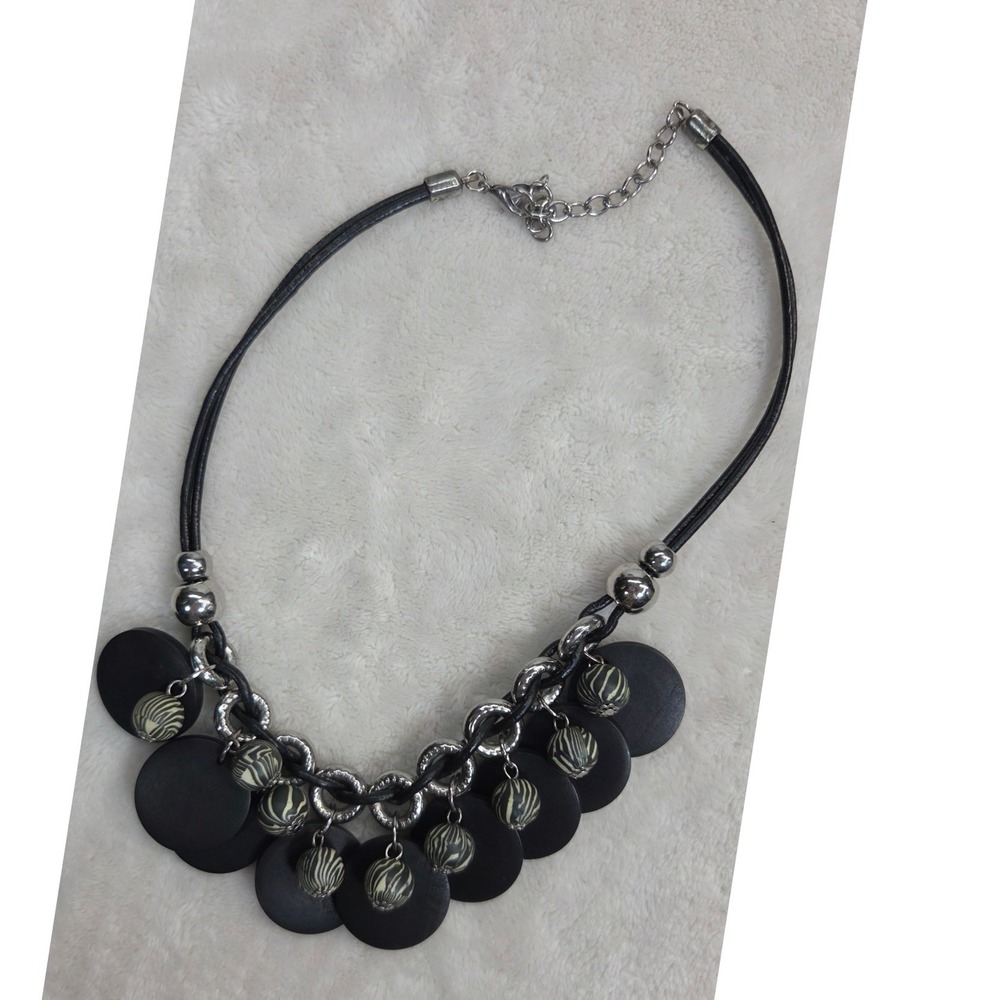 JS Chunky Layered Necklace Black Matte Disc Silver Tone Link Zebra Bead Y2K Boho